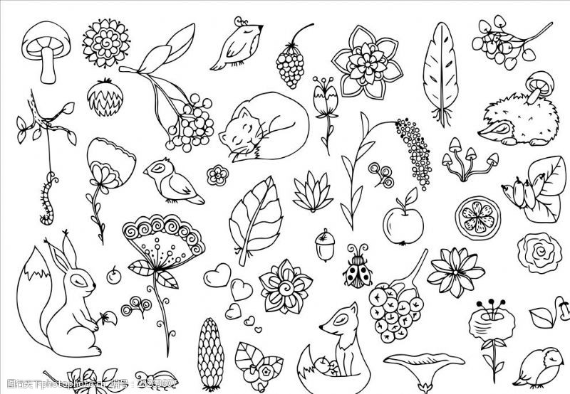 苹果花朵女童印花涂鸦卡通动物植物矢量图下载