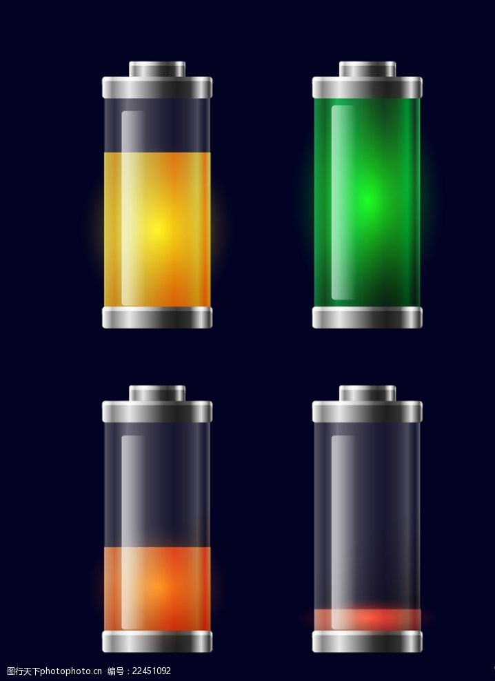 透明电池矢量素材不同颜色的透明充电电池矢量素材