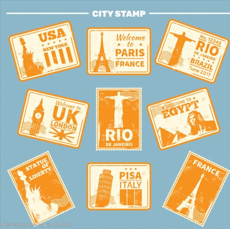 时尚邮票复古西橙色世界名城邮票