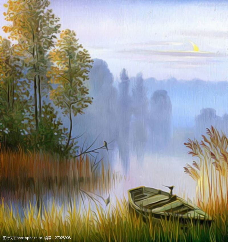 湖边风景河边风景油画装饰画素材