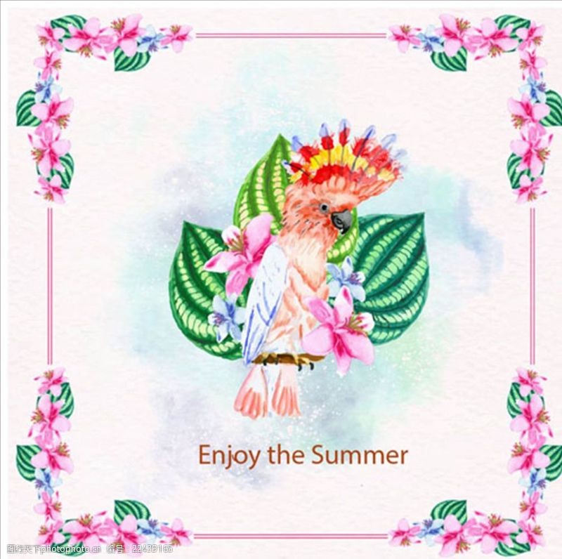 彩莲水彩夏季的鹦鹉和叶子插图