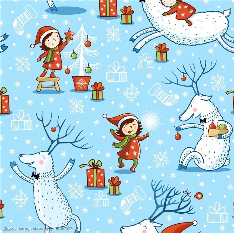圣诞印花面料卡通人物动物雪花四方连续底纹
