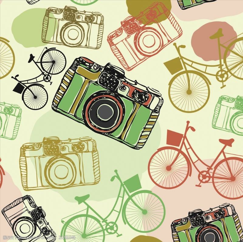 莱卡相机手绘相机自行车四方连续底纹