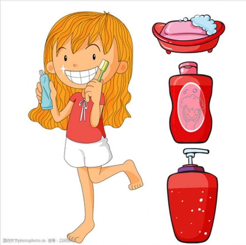 美术宣传单女孩用红色牙刷的洗漱