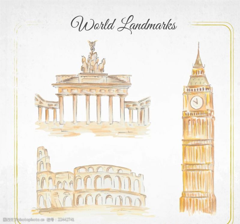 法国著名建筑3款彩绘世界著名建筑矢量素材