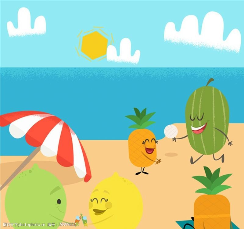 漫画水果创意海边度假的水果们矢量素材
