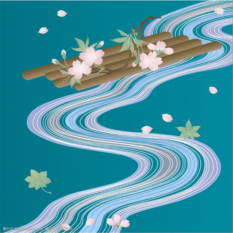 竹筏彩色花朵河流装饰图