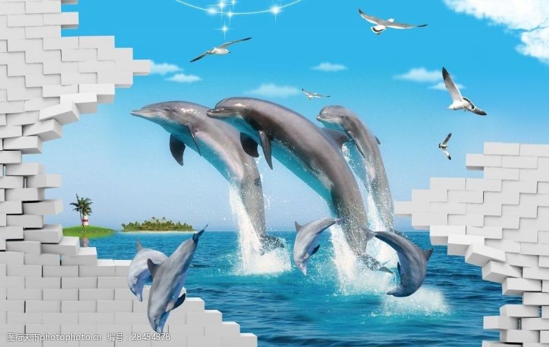 海豚免费下载3d立体海豚湾恋人海景壁画墙画