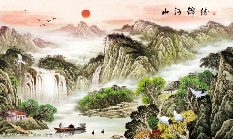 小舟锦绣山河背景墙素材