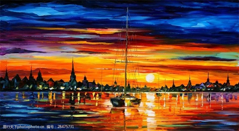 海鲜图片免费下载绚丽夕阳码头风景画背景墙