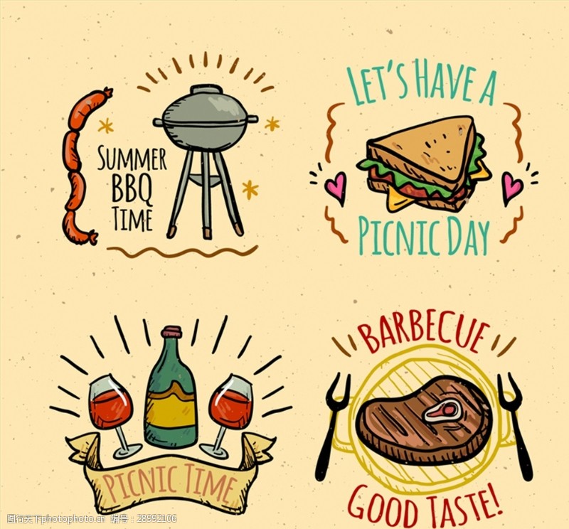 香肠标签4款彩绘野餐与烧烤标签矢量图