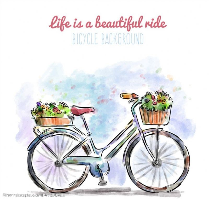life水彩绘装满鲜花的单车矢量图