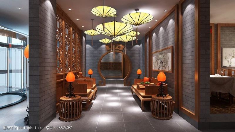 餐厅效果图镂空新中式风格餐饮商业空间大厅效果图设计图片
