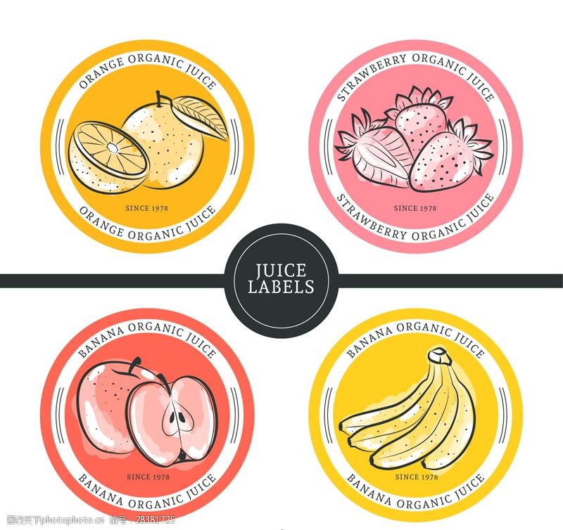 果汁水果标签4款彩绘水果果汁标签矢量素材