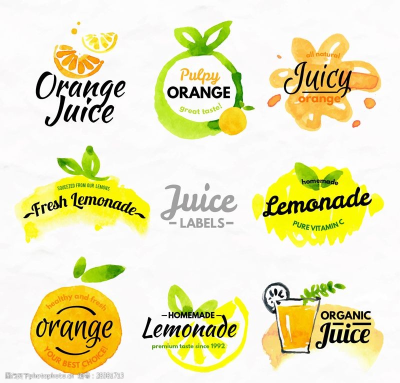 果汁水果标签8款水彩绘果汁标签矢量