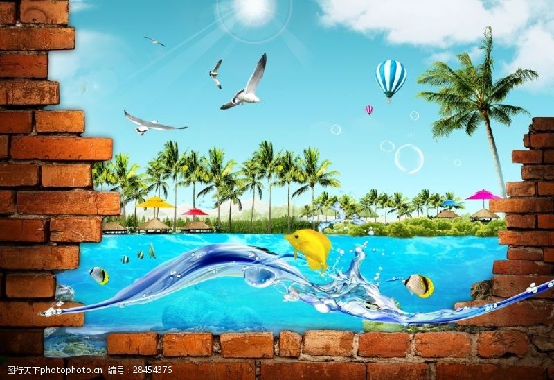海豚免费下载3d立体卡通海豚湾壁画墙画