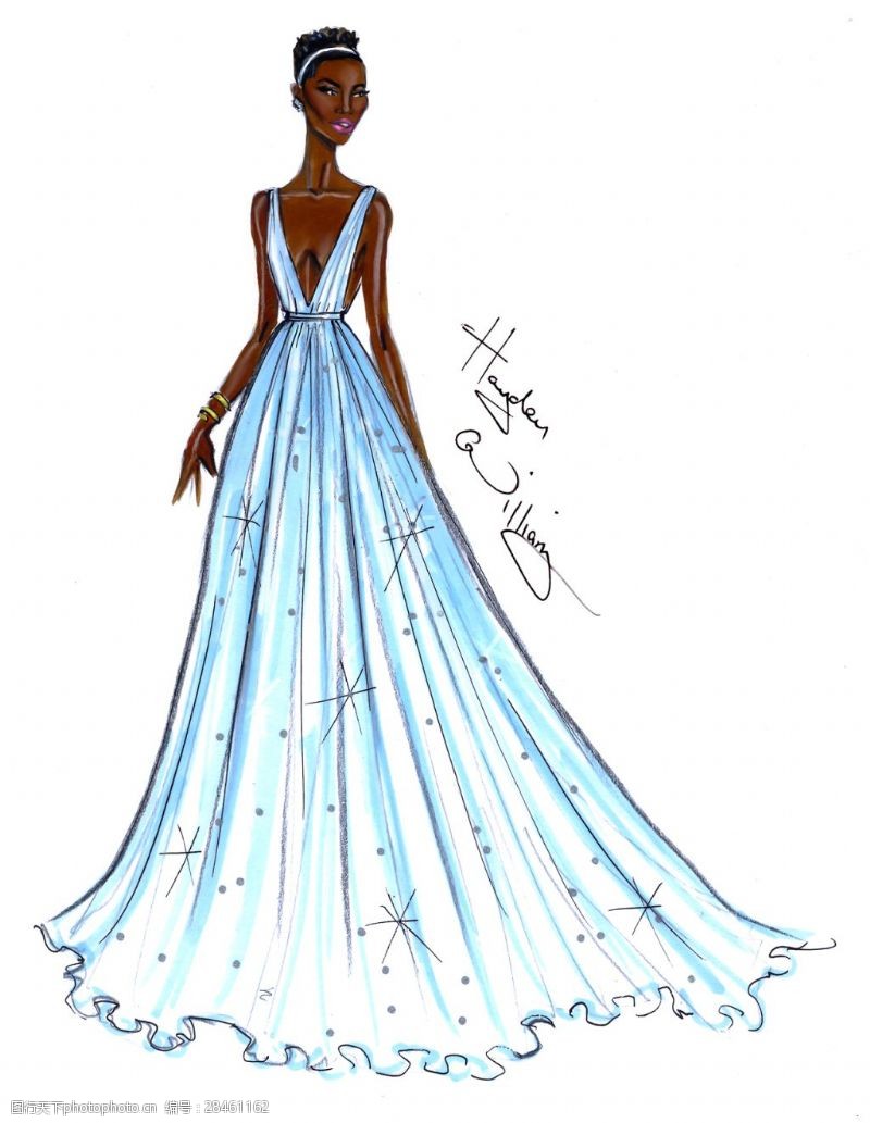 设计手稿水蓝色彩铅华丽裙摆沙曼婚纱设计效果图