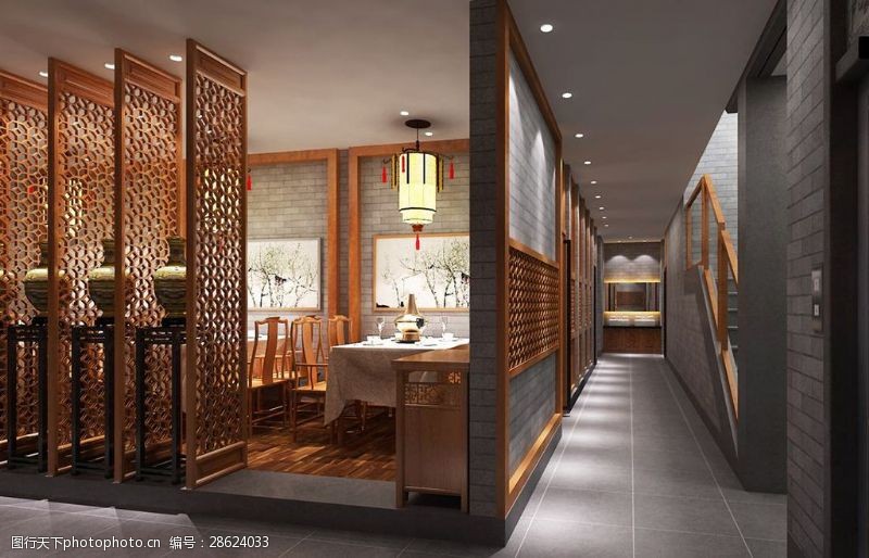 餐厅效果图镂空新中式风格餐厅走廊效果图设计图片