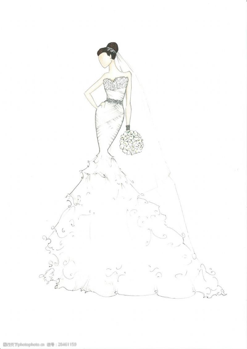 设计手稿浪漫华丽裙摆沙曼婚纱设计效果图