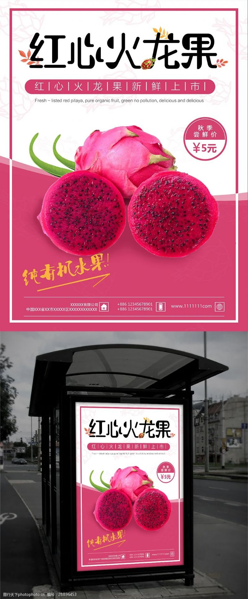 秋季促销活动清新红心火龙果水果水果店促销海报