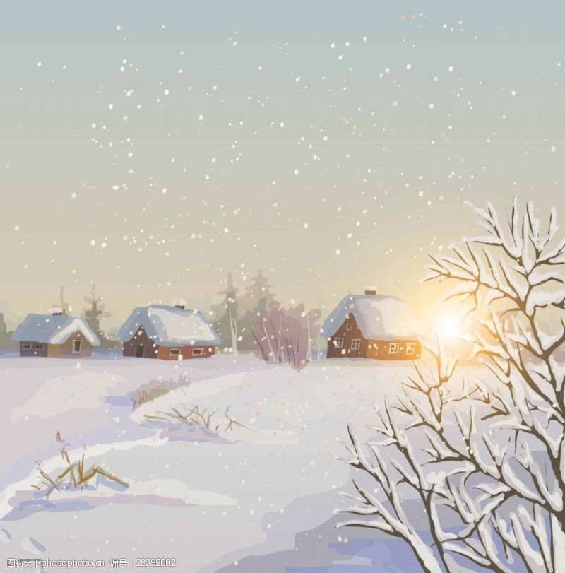 冬天里的房子雪地里的村庄插画