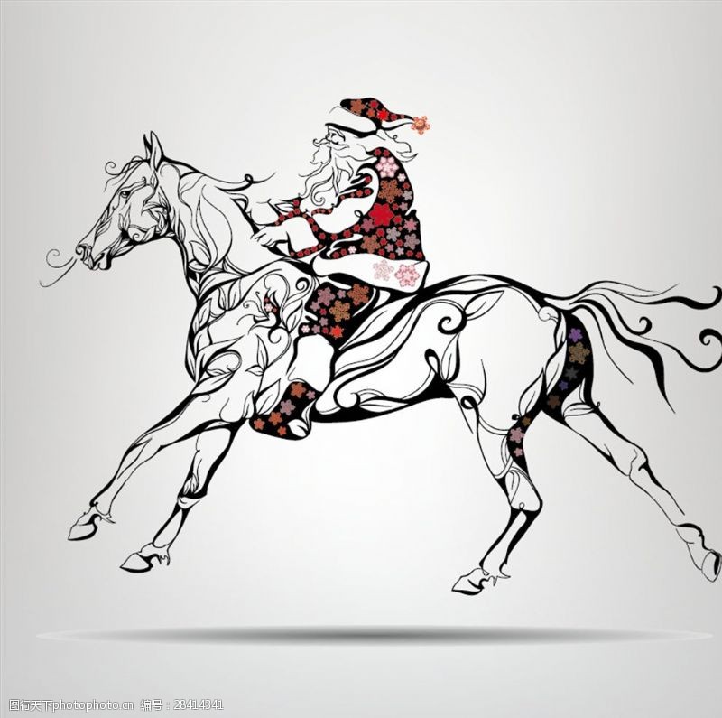 骑马插画骑着马奔跑的圣诞老人矢量素材