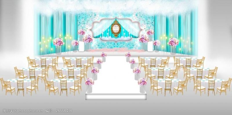 欧式舞台水彩Tiffany蓝色婚礼主背景效果图