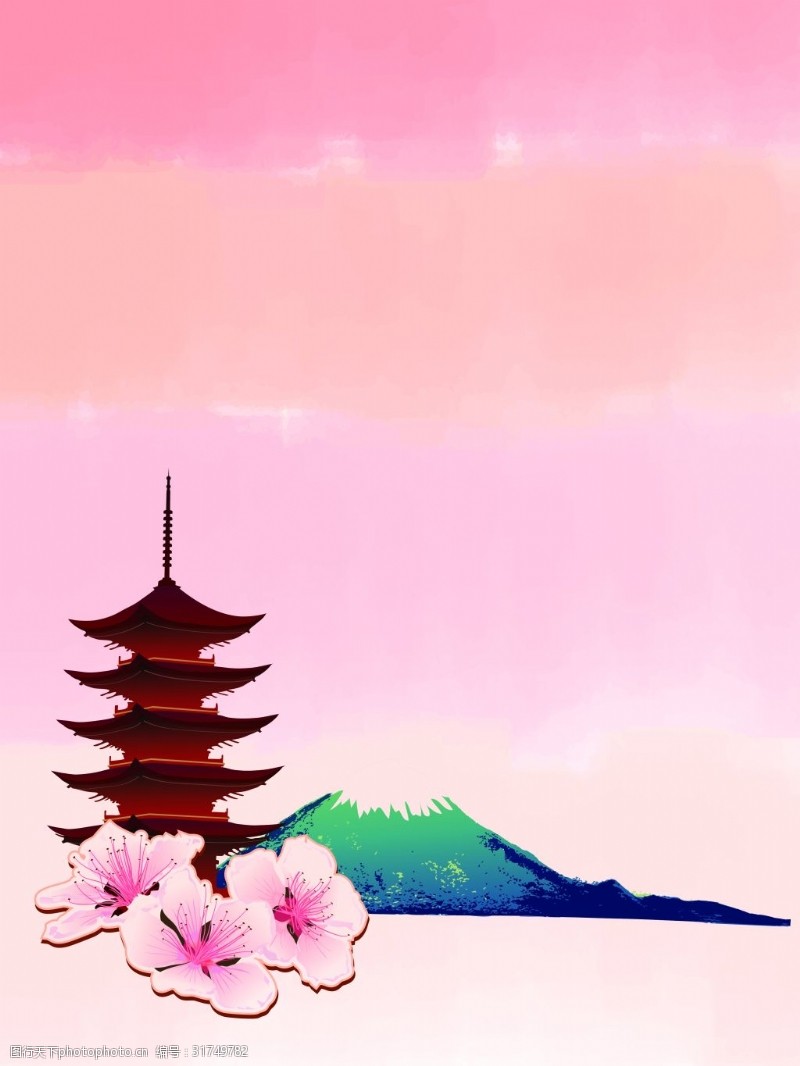 矢量水彩日系富士山樱花日本旅游背景