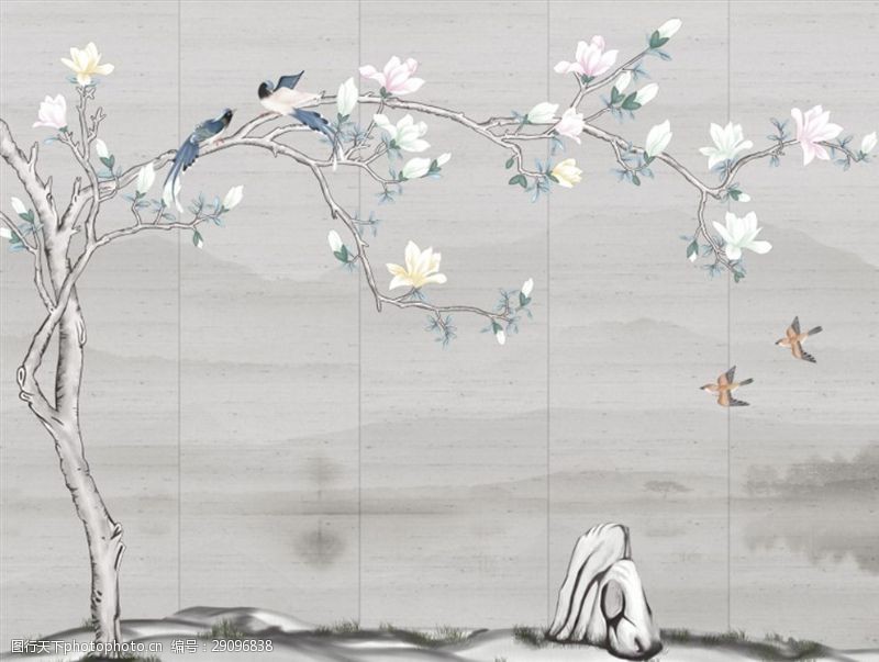 喜木个性墙纸画中式花鸟壁画