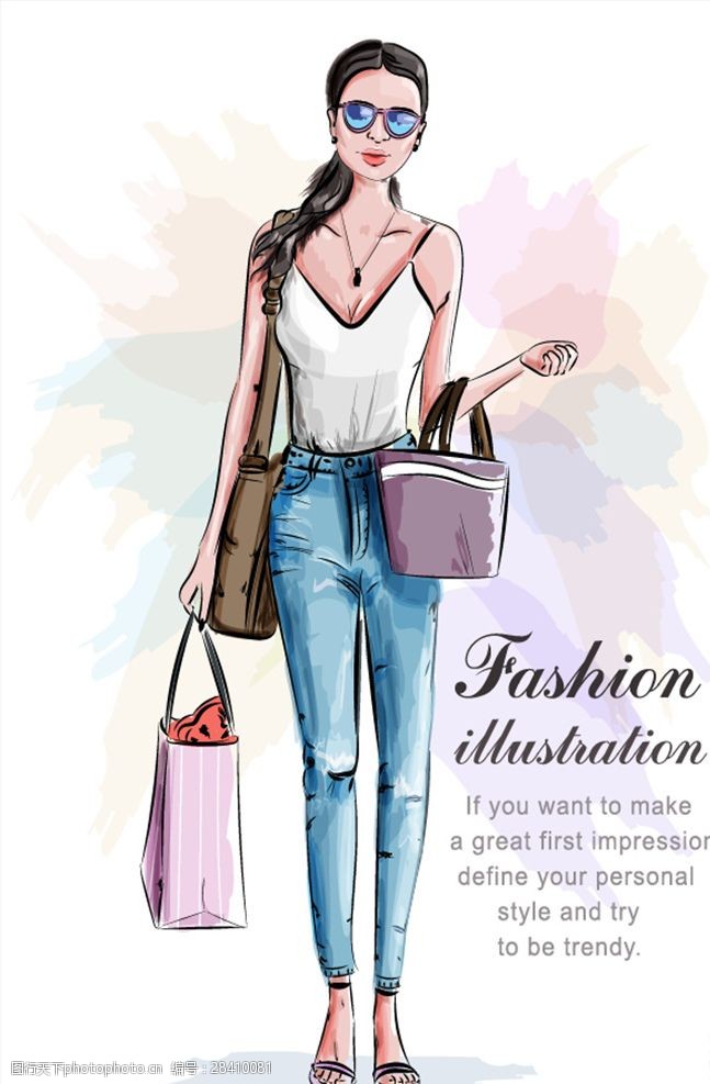 女性挎包挎包的时尚年轻女性手绘插画