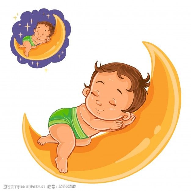 甜蜜小婴儿的尿布睡着了矢量用月亮代替枕头