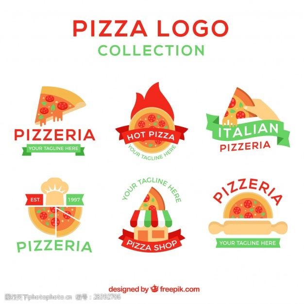 各种标识在复古风格的丝带标志各种比萨