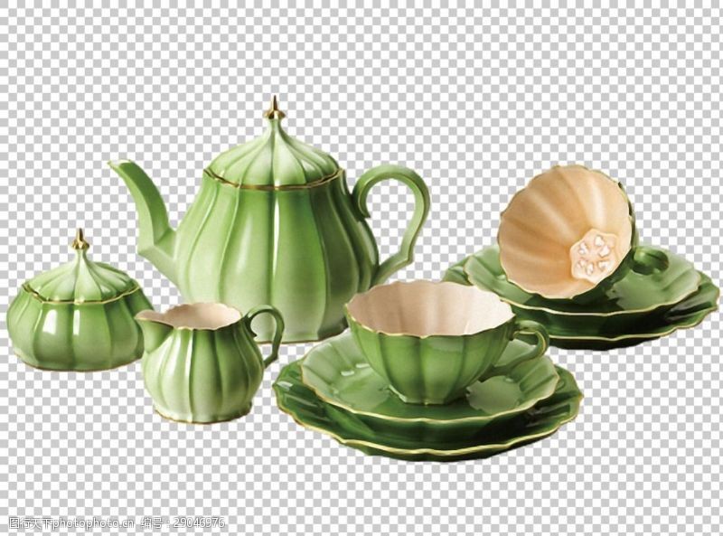 透明茶壶整套绿色陶瓷茶壶免抠png透明图层素材