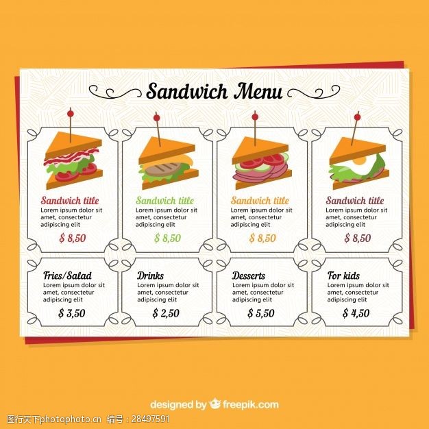 餐厅菜单三明治