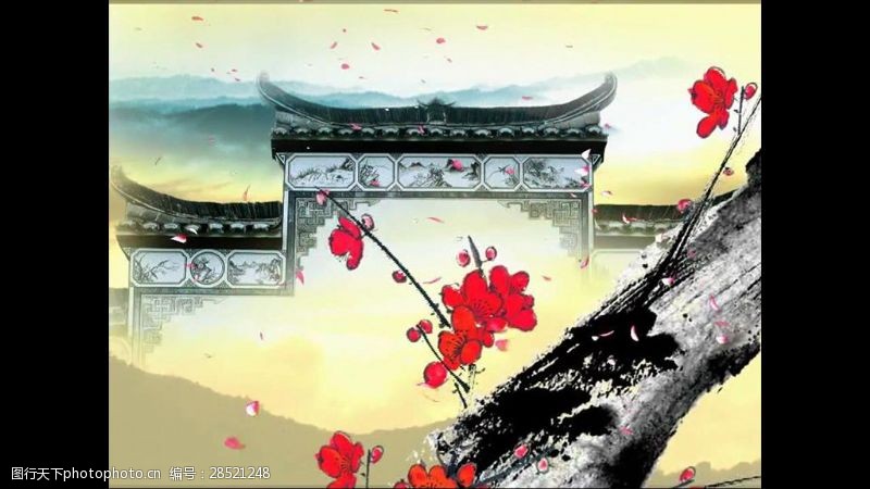 风景合成中国风建筑红梅背景大屏视频素材