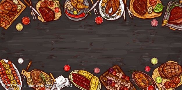 食物矢量图矢量插图烹饪旗帜烤肉背景烤肉香肠蔬菜和酱汁