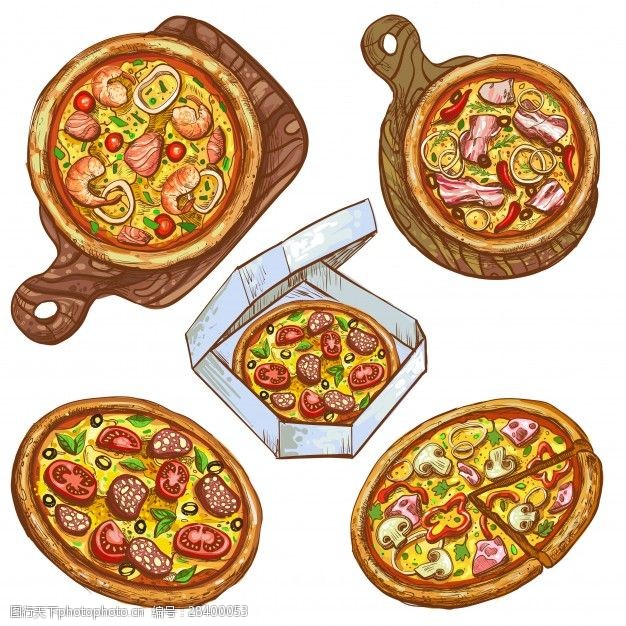 交货的图标集集矢量插图整个比萨和切片在木板上的比萨饼比萨饼交付在一个盒子里