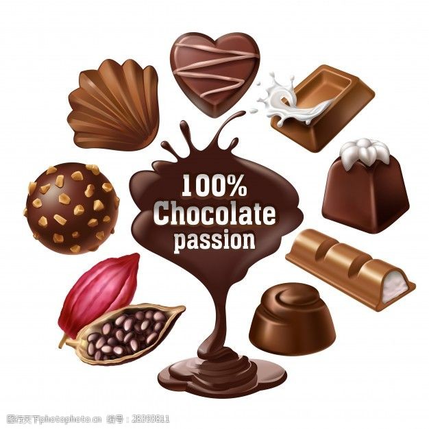 巧克力液体套巧克力甜点和糖果的矢量图标液体巧克力和可可豆