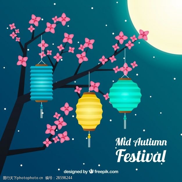 快充中秋节满月和鲜花的场景