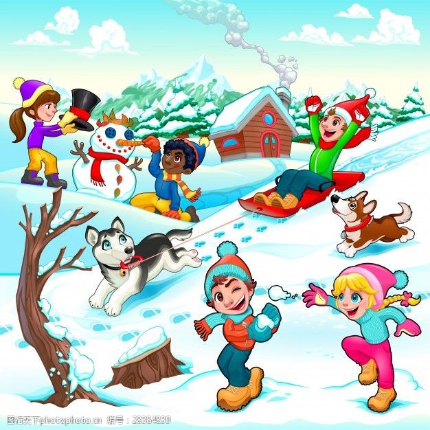 奔跑学生有趣的冬景与孩子和狗的卡通插画矢量图