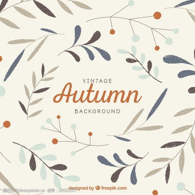 多彩的树木老式的秋天背景手绘的叶子