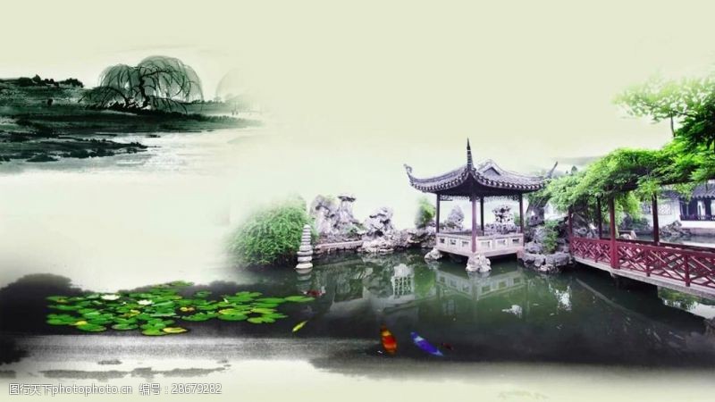 中国风彩色水墨建筑背景大屏视频素材
