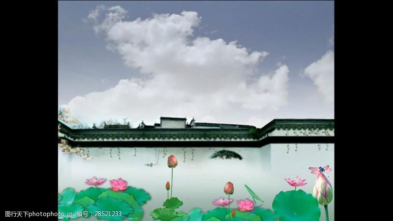 风景合成中国风建筑荷花水墨背景大屏视频素材