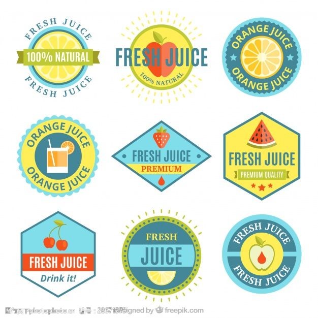 果汁水果标签收集带有水果的彩色贴纸