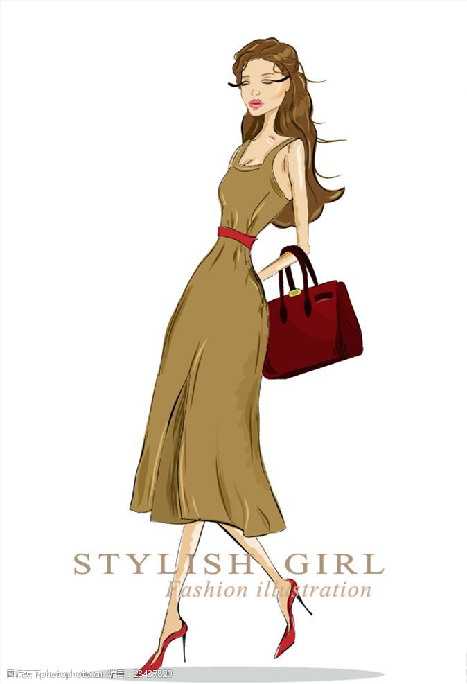 女性挎包穿着棕色连衣裙的美女