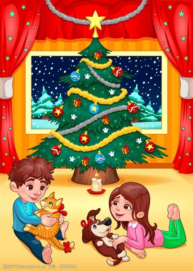 微笑礼物孩子和宠物卡通插画矢量圣诞节场景