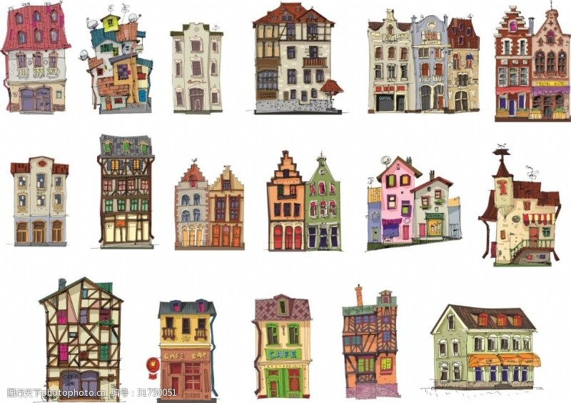 免费房卡卡通彩色欧式小房子建筑矢量