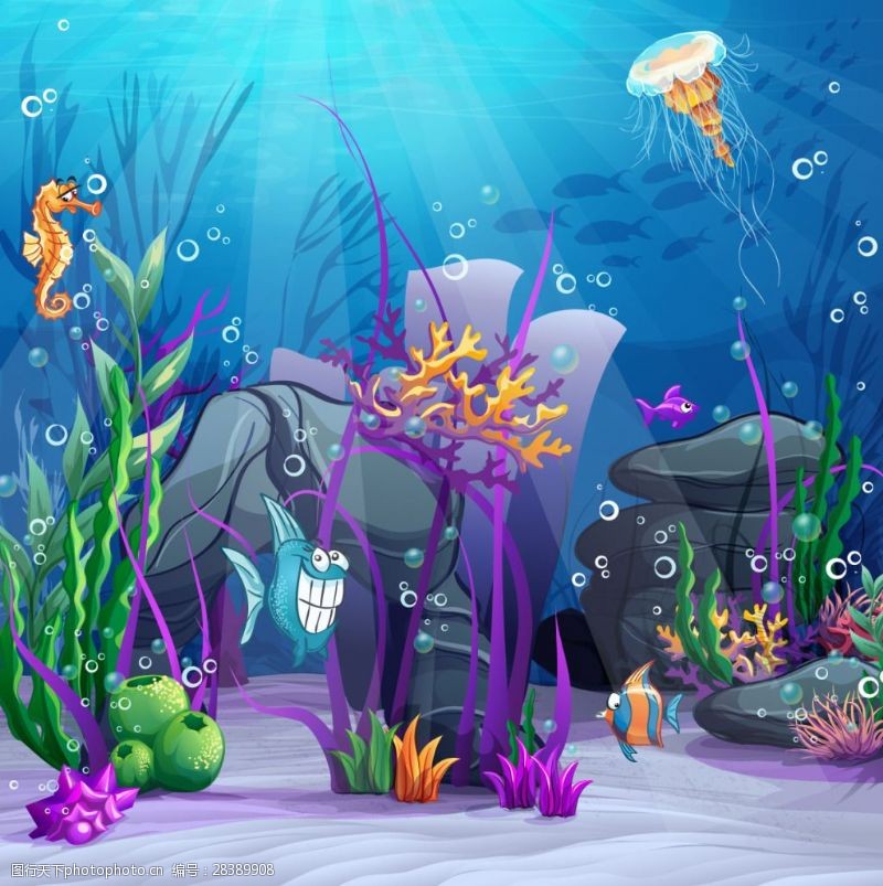 蓝色海底的水母美丽的海底世界插画