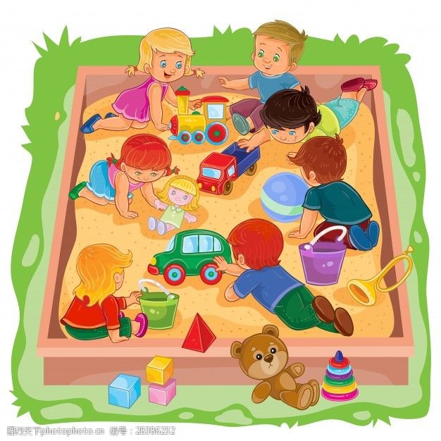 卡通箱子男孩和女孩坐在沙箱玩他们的玩具