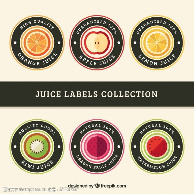 果汁水果标签六套不同的水果的圆形标签